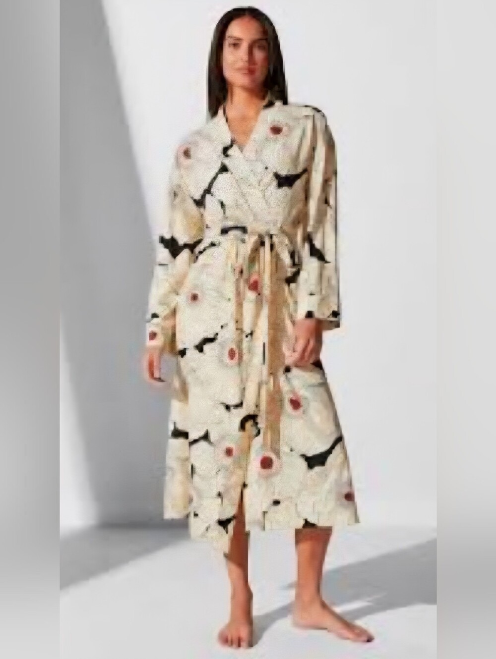 Noli Poppy Pocketed Wrap Robe in Cream with Black & Blush Accents Sz S